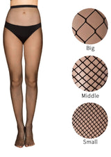 Fischernetzstrumpfhose mit schwarzem Netz und elastischem Bund, erhältlich in drei Größen: groß, mittel, klein.