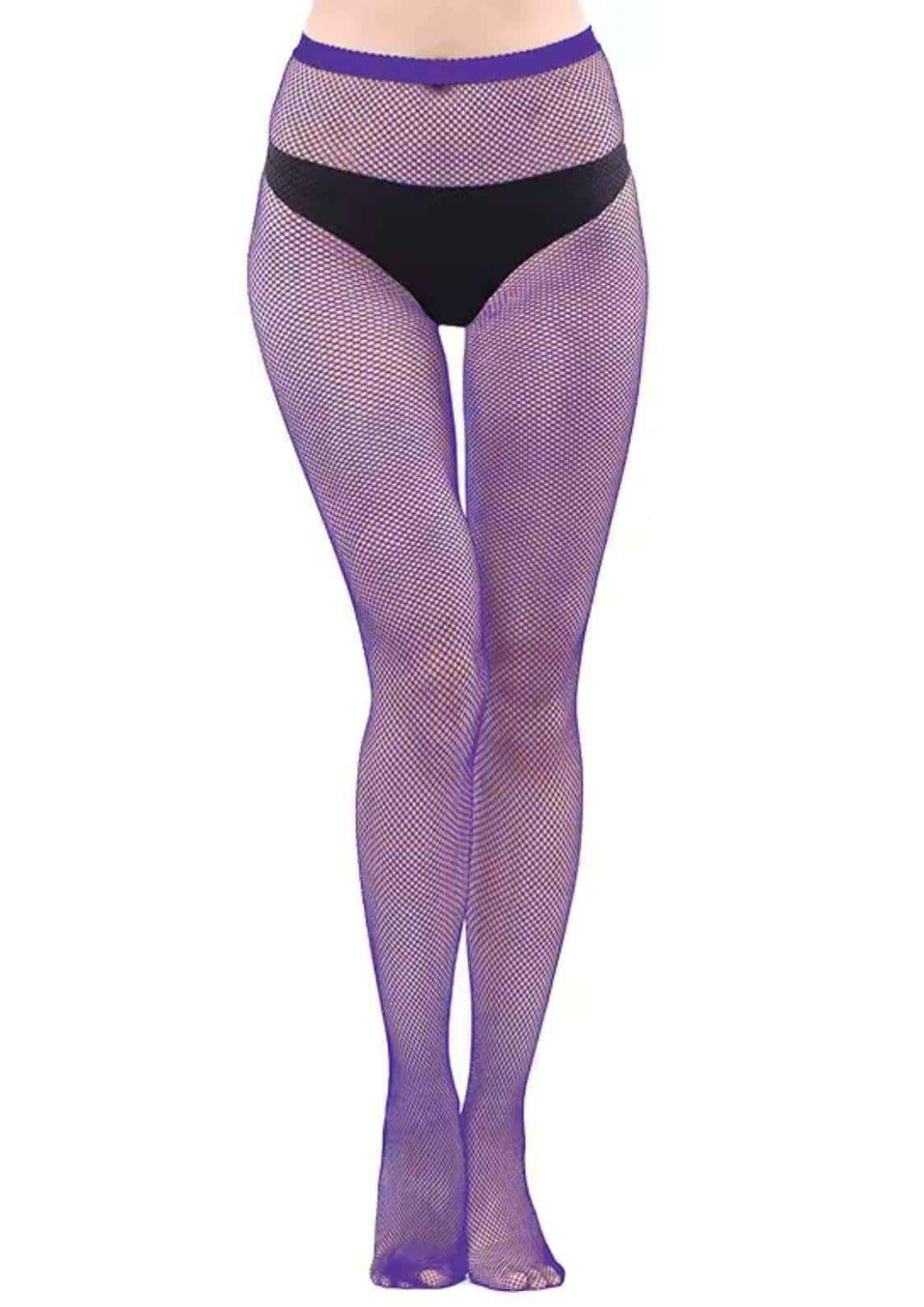 Lila gothic netzstrumpfhose in maschengröße s mit schwarzem bund und feinem fischernetzmuster