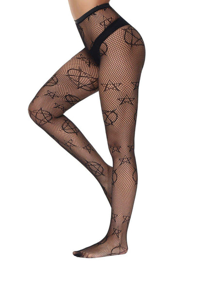 Netzstrumpfhose pentagram schwarz mit pentagramm und sternenmuster für düstere akzente und florale muster