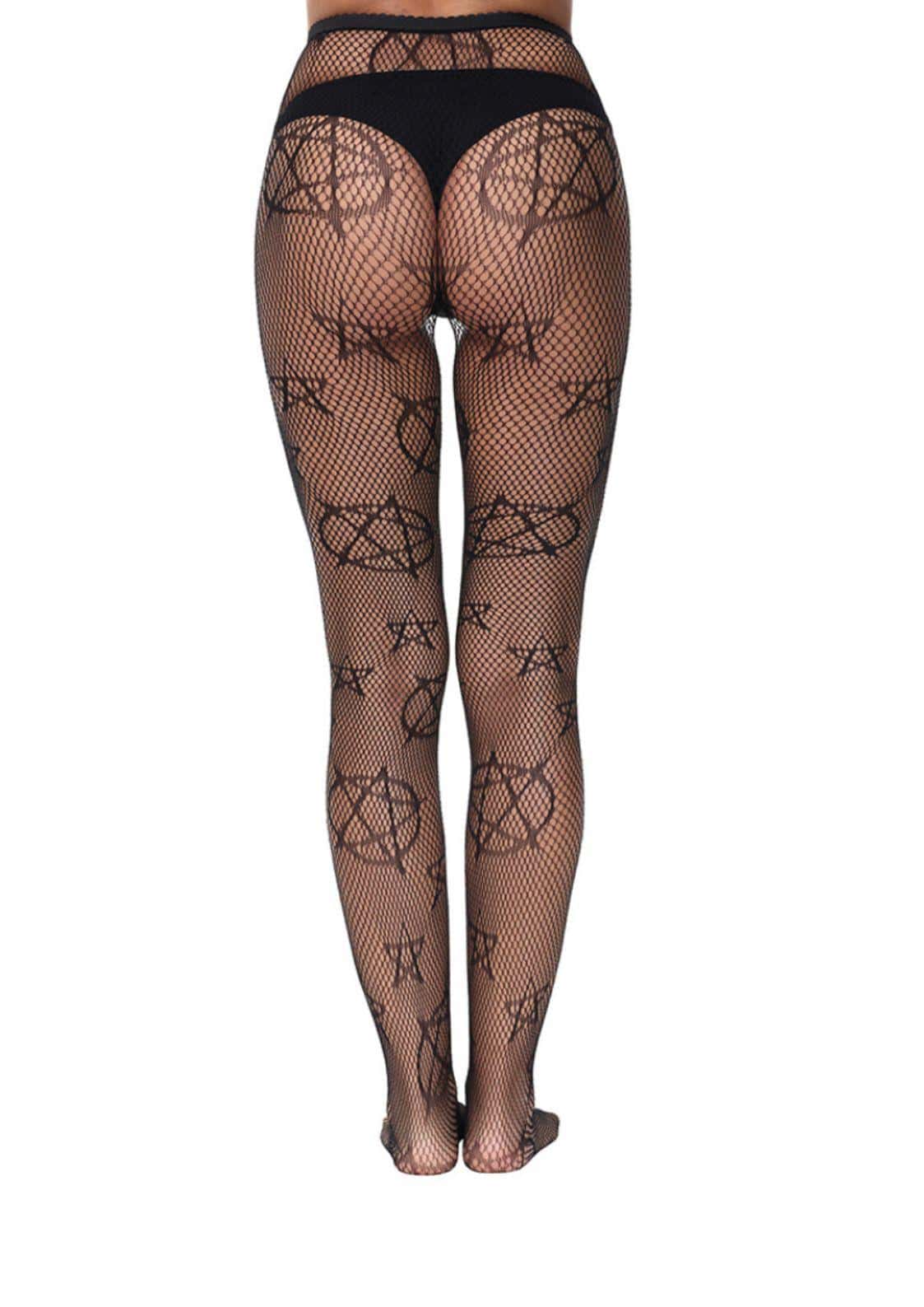Netzstrumpfhose pentagram schwarz mit düsteren akzenten aus feinem netz und floralen mustern