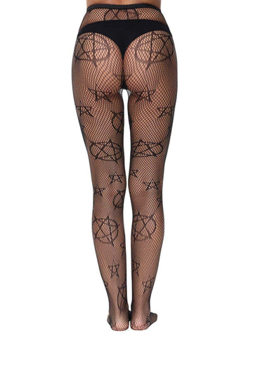 Netzstrumpfhose pentagram schwarz mit düsteren akzenten aus feinem netz und floralen mustern