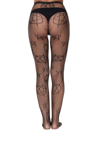 Netzstrumpfhose pentagram schwarz mit düsteren akzenten aus feinem netz und floralen mustern