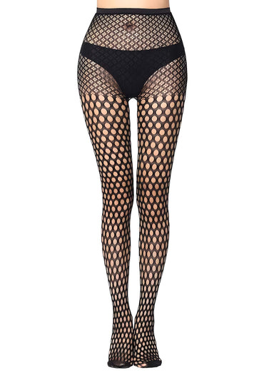 Schwarze gothic netzstrumpfhose mit boldem kreismuster aus transparentem stretchmaterial vielseitig kombinierbar