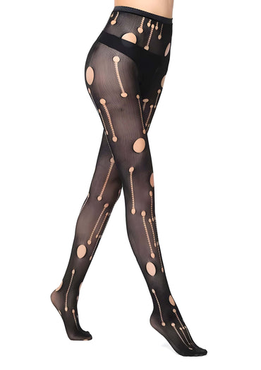 Netzstrumpfhose schwarz mit Löchern, gothic Muster aus Kreisen und Linien