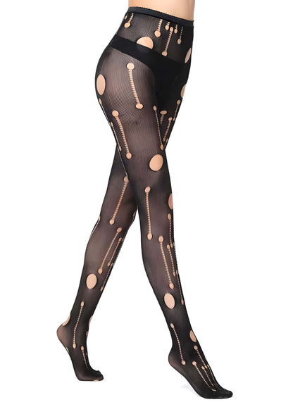 Netzstrumpfhose schwarz mit Löchern, gothic Muster aus Kreisen und Linien