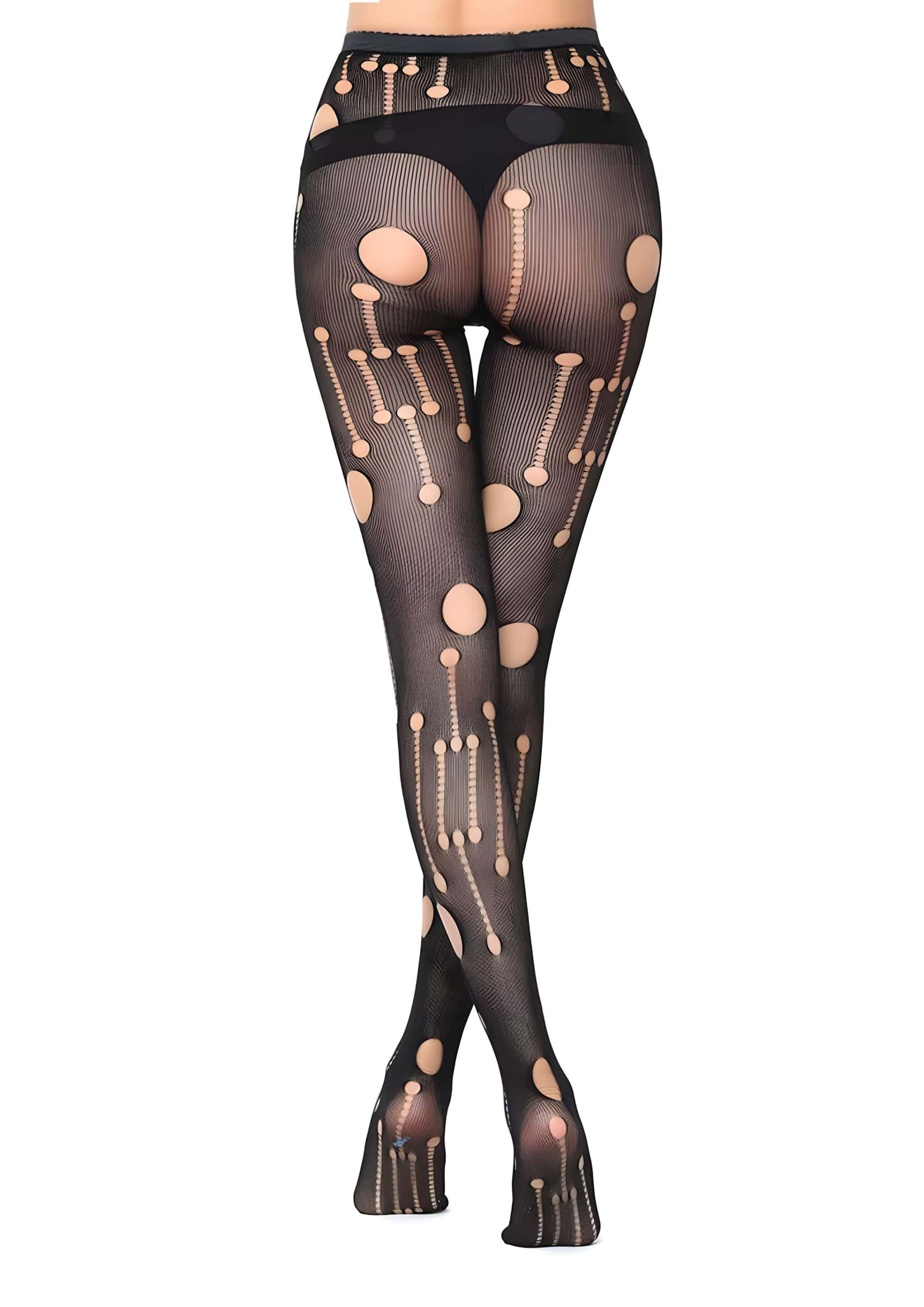 Schwarze Netzstrumpfhose mit beige Löchern und gothischem Muster