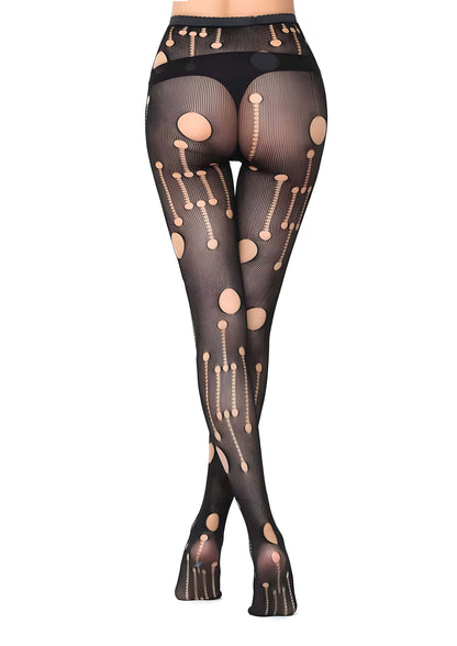 Schwarze Netzstrumpfhose mit beige Löchern und gothischem Muster