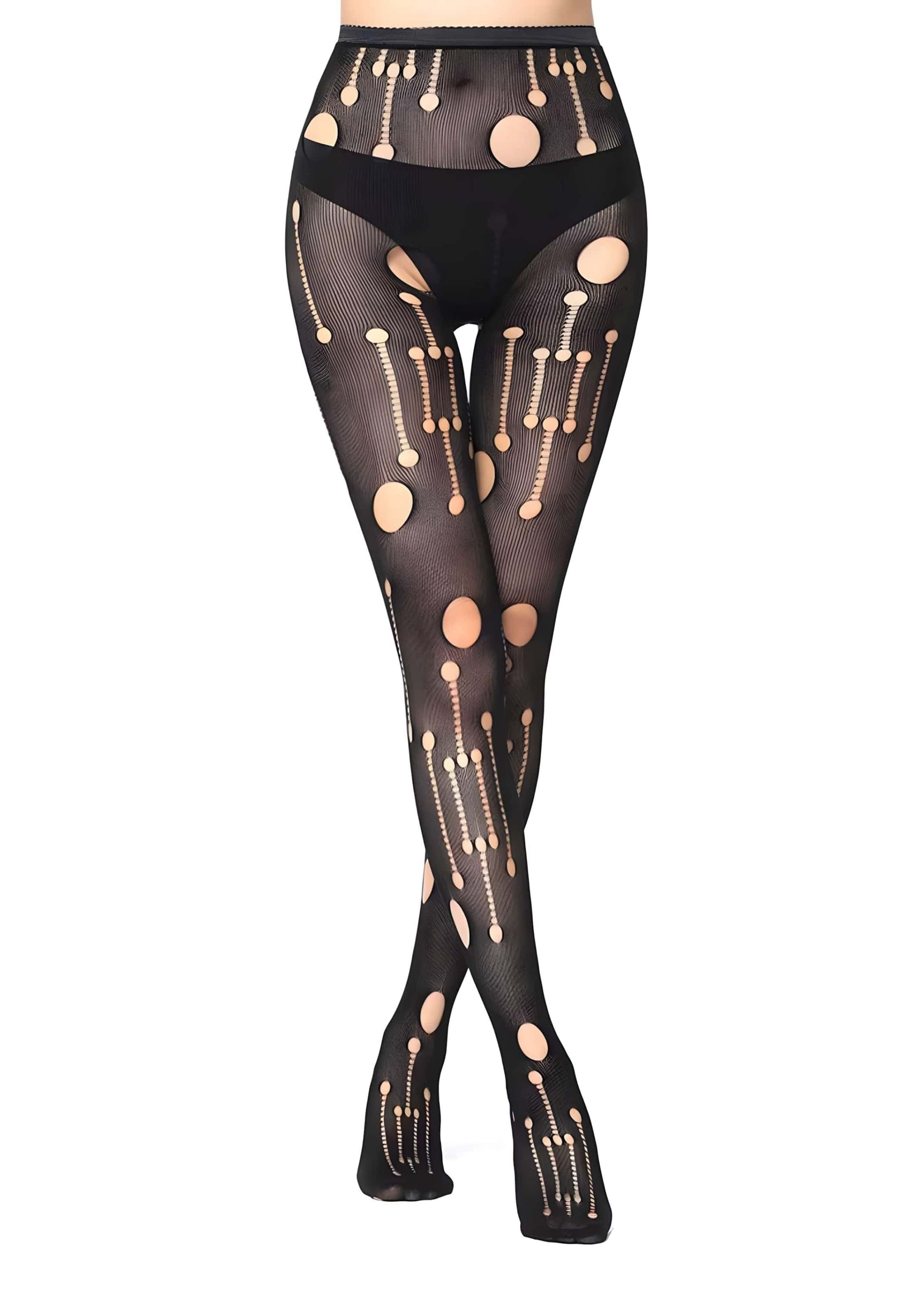 Netzstrumpfhose schwarz mit Löchern, gothic horror Muster beige Kreise