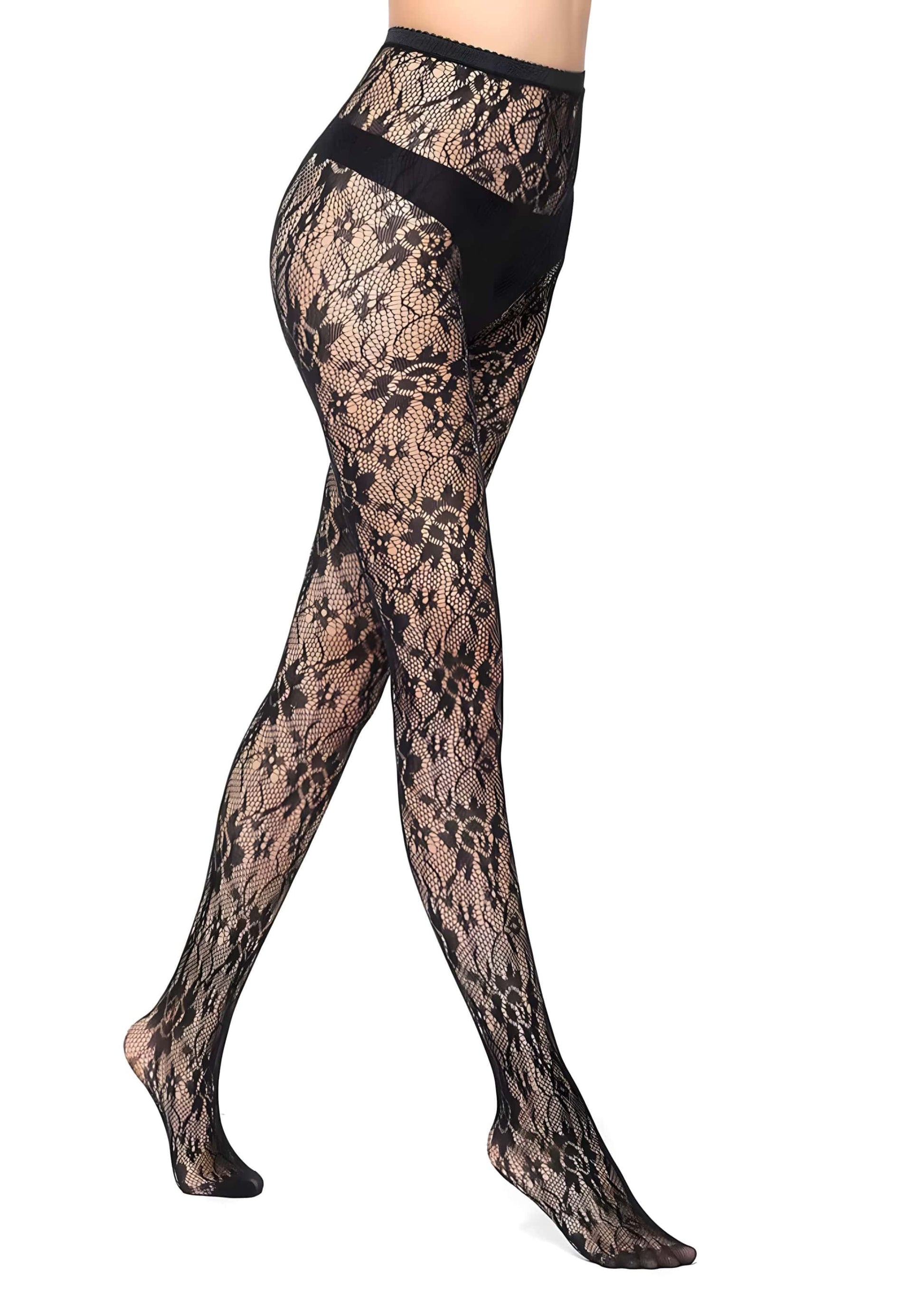 Schwarze Netzstrumpfhose mit floralem Muster und elastischem Bund