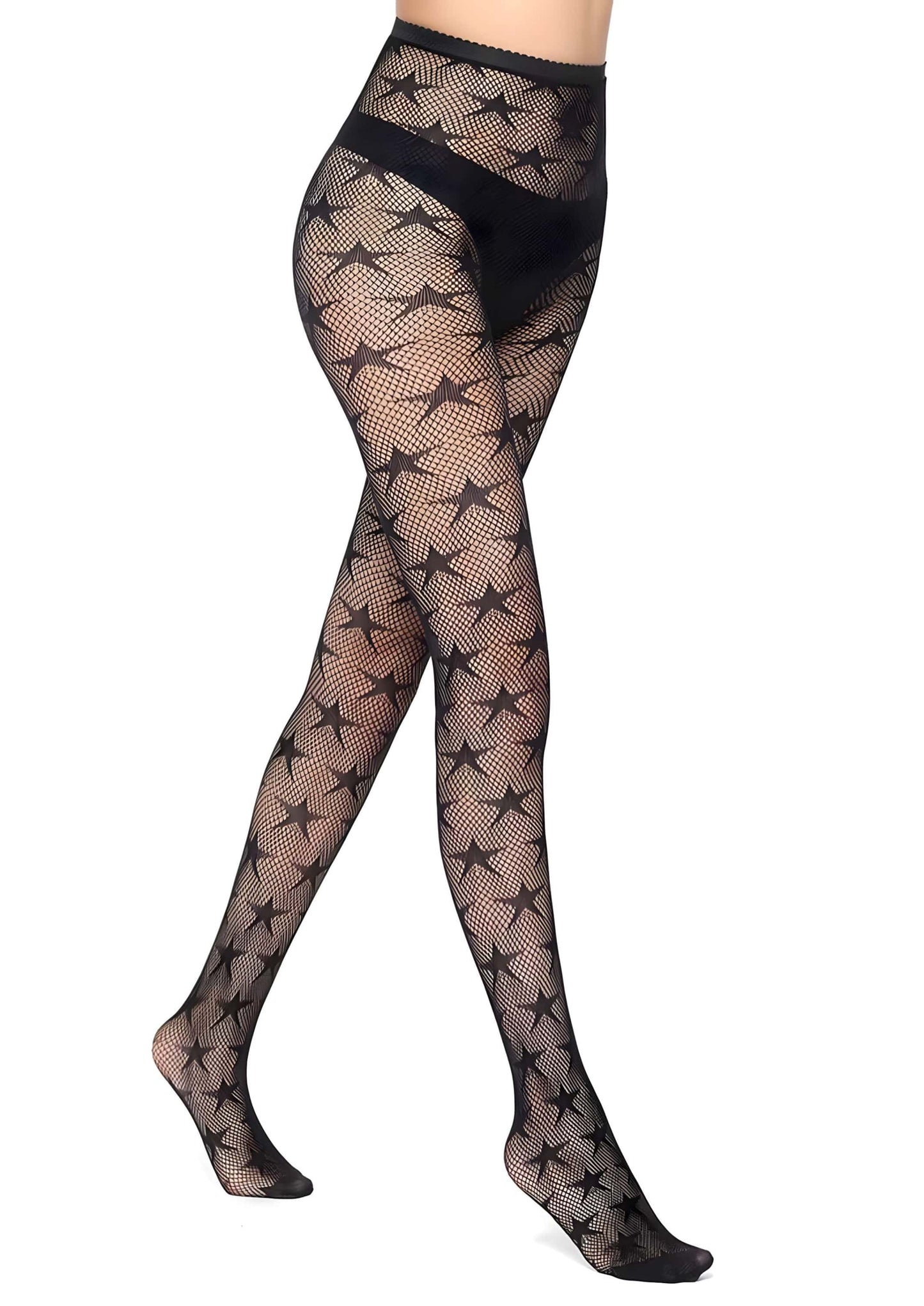 Netzstrumpfhose schwarz Sterne mit hohem Bund und Fischgrätmuster