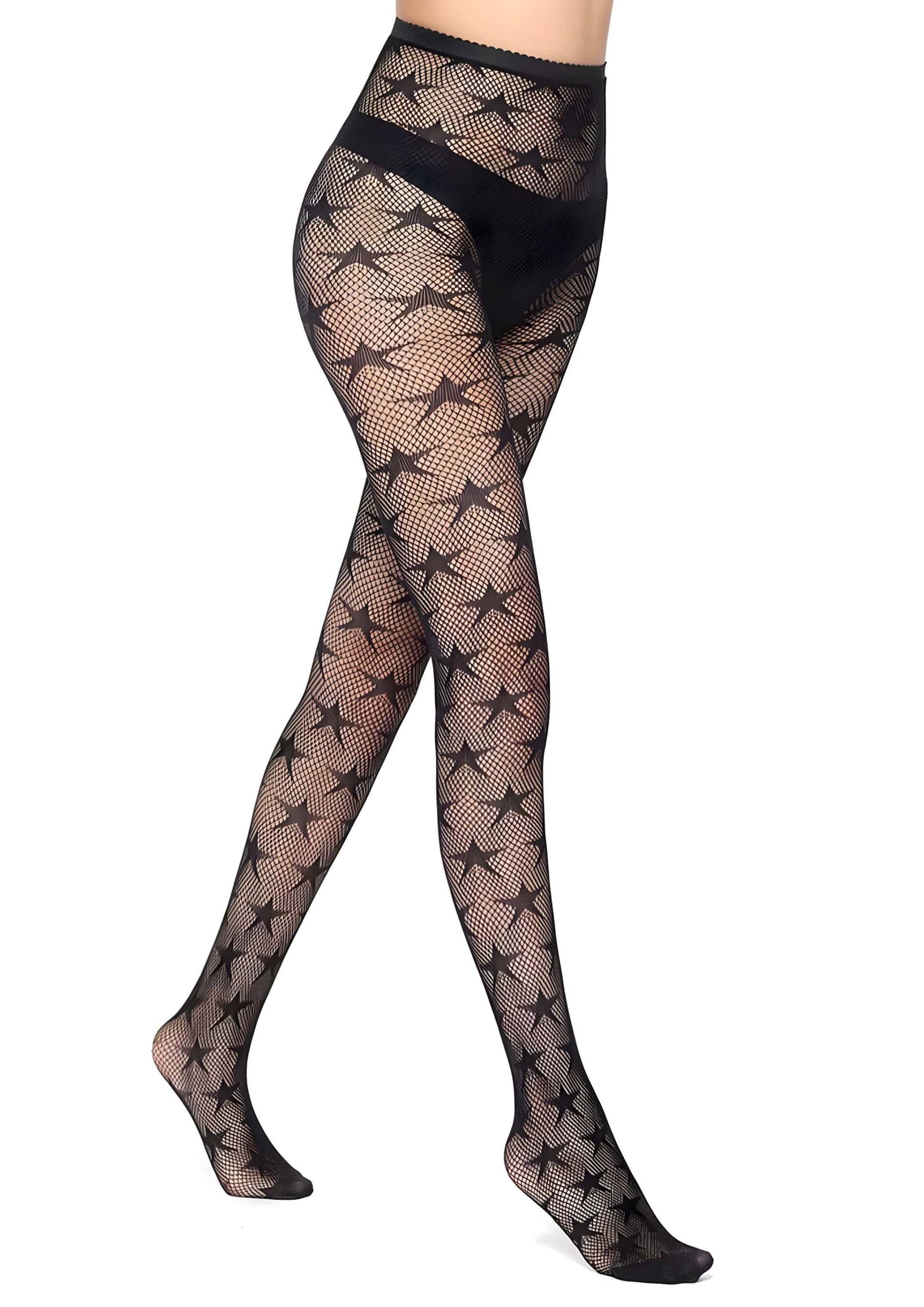 Netzstrumpfhose schwarz Sterne mit hohem Bund und Fischgrätmuster