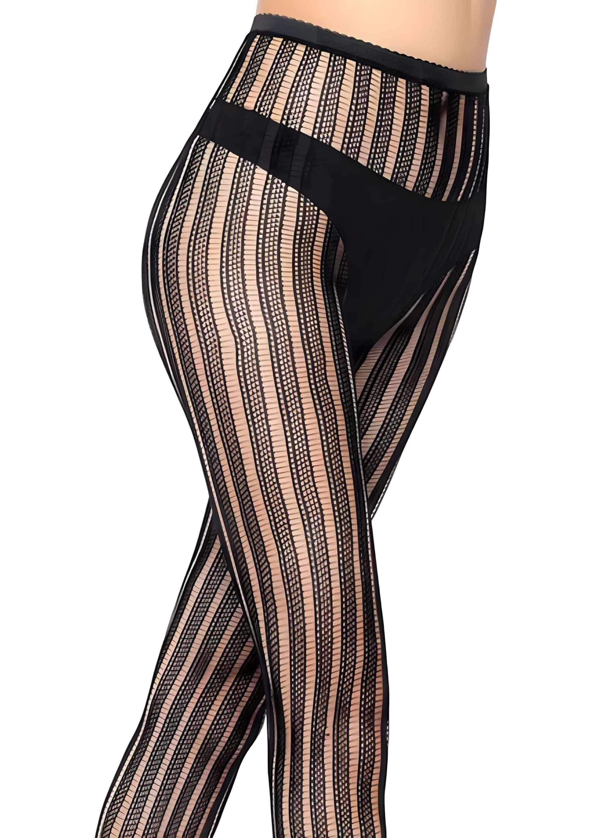 Netzstrumpfhose schwarz Streifen mit schwarzem Bund