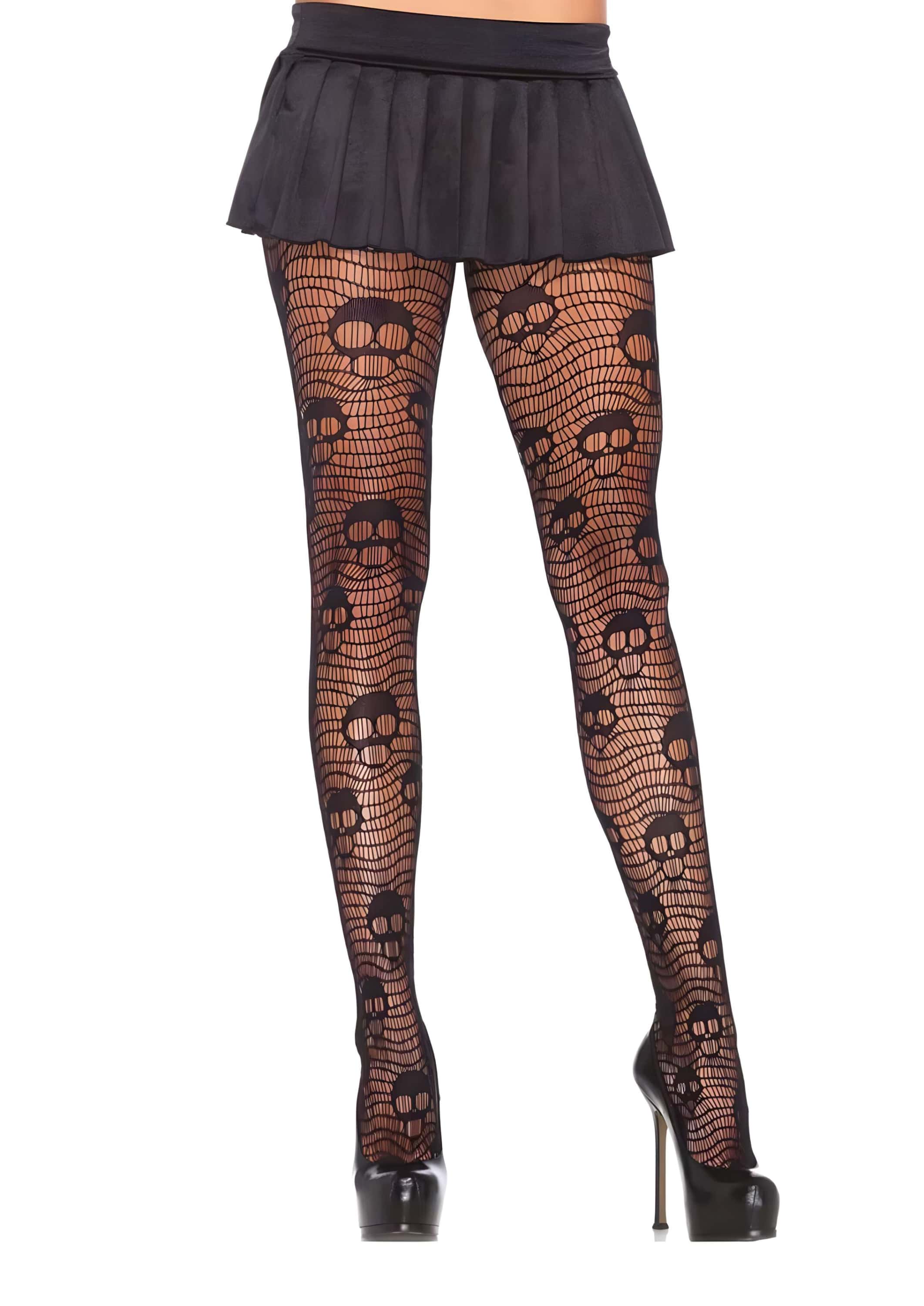 Netzstrumpfhose schwarz Totenkopf mit Schädelmuster