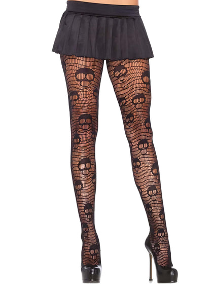 Netzstrumpfhose schwarz Totenkopf mit Schädelmuster