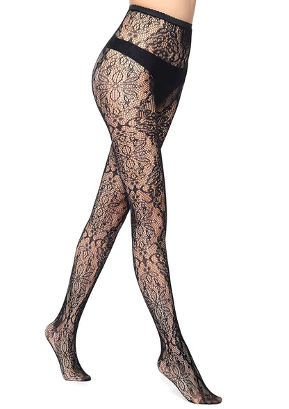 Schwarze Barock-Netzstrumpfhose mit floralem Muster und Gothic-Elementen