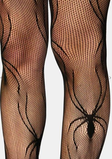 Netzstrumpfhose schwarz mit großer spinnendesign und floralen mustern für düsteren akzenten