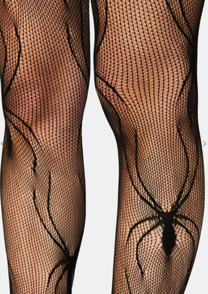 Netzstrumpfhose schwarz mit großer spinnendesign und floralen mustern für düsteren akzenten