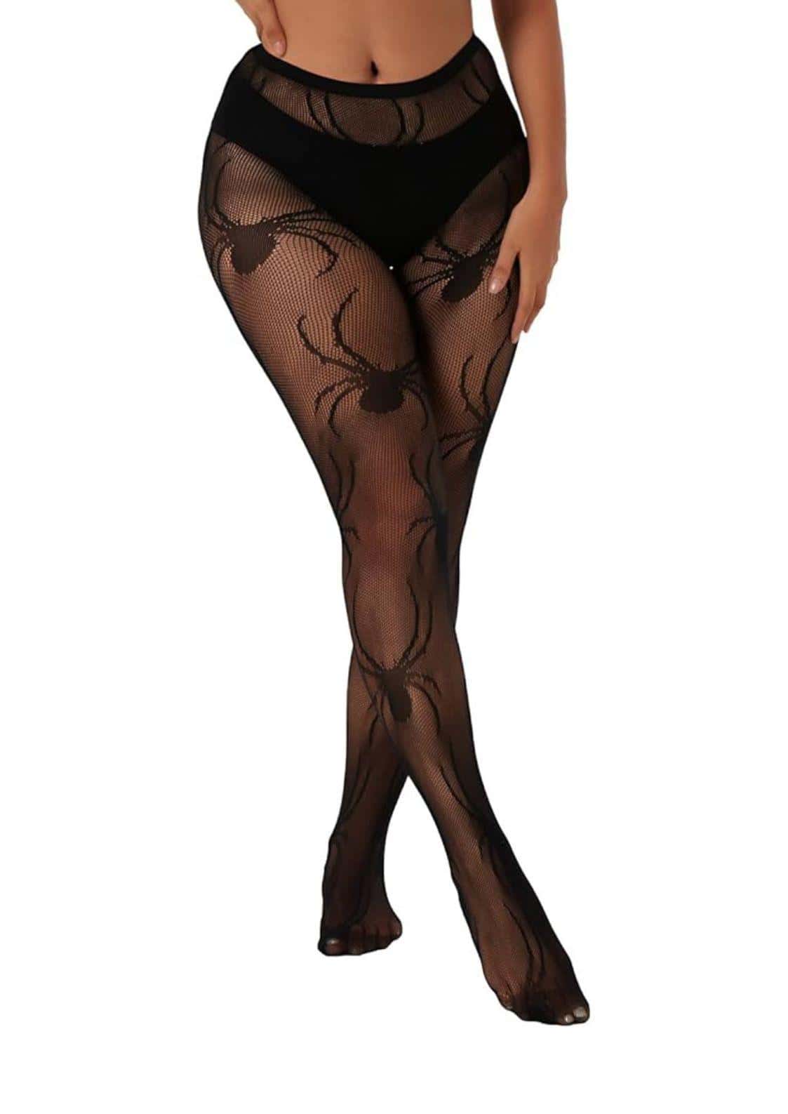 Netzstrumpfhose schwarz mit spider-spinnenmuster und floralen mustern für düstere akzente
