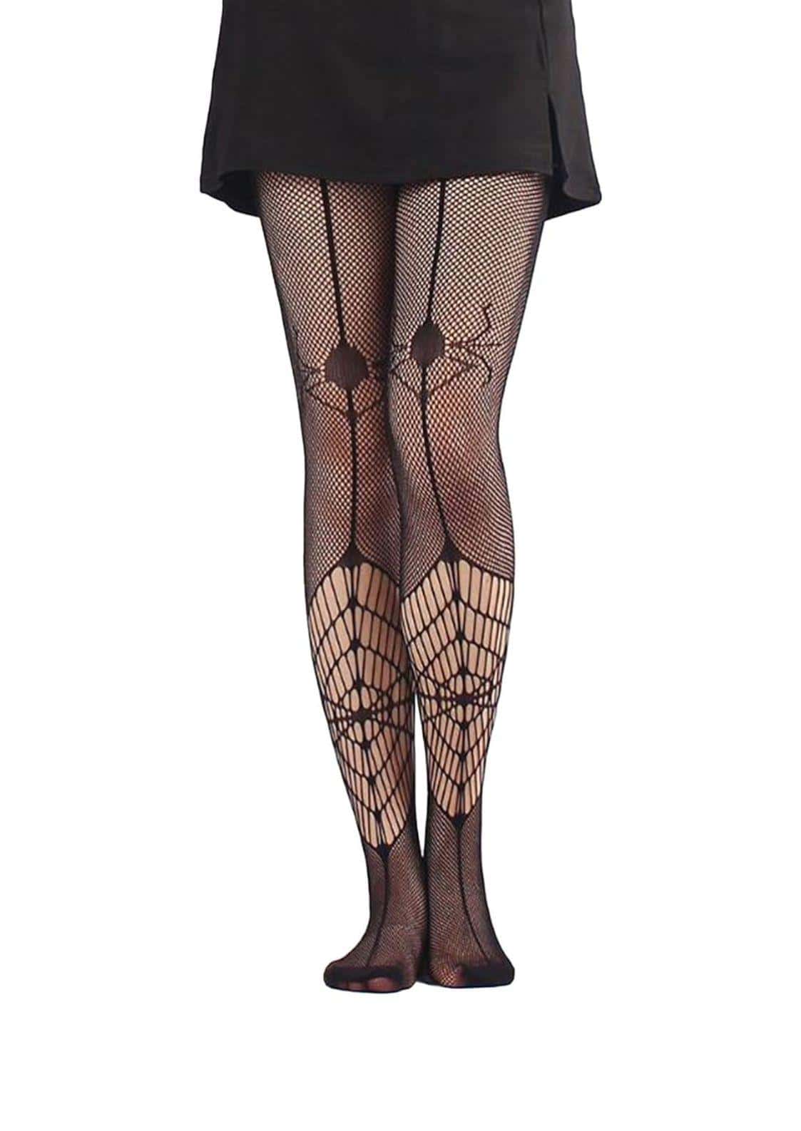 Netzstrumpfhose schwarz mit floralen mustern und düsteren akzenten im spinnennetz-design mit zwei spinnen am oberschenkel