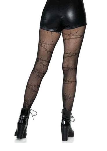Netzstrumpfhose schwarz mit stacheldrahtmuster und düsteren akzenten aus mesh material