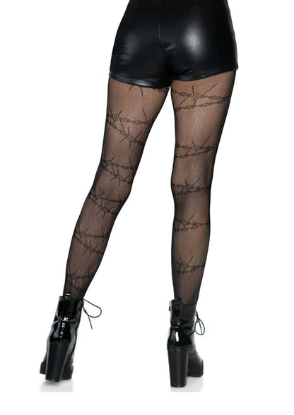 Netzstrumpfhose schwarz mit stacheldrahtmuster und düsteren akzenten aus mesh material