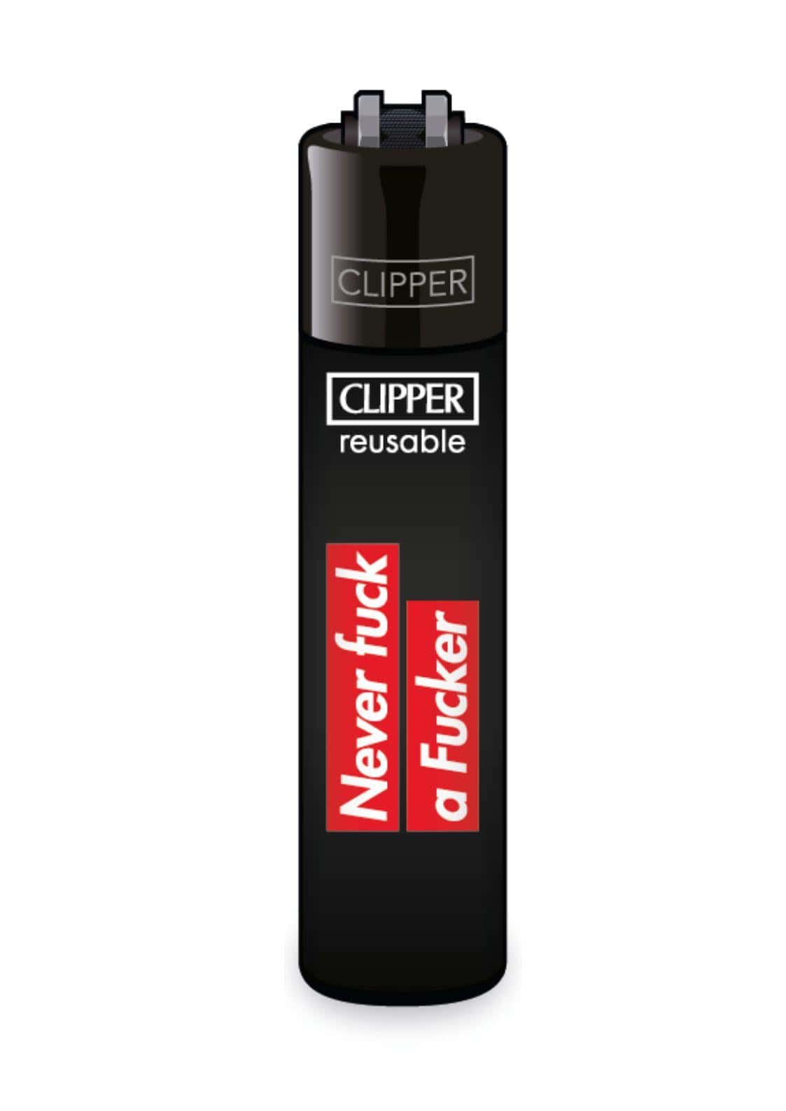 Schwarzes clipper nachfüllbares feuerzeug mit roten etiketten und weißem text never fuck a fucker gothic horror style