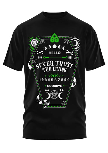 Schweres unisex t-shirt in schwarz mit strapazierfähigem stoff und weiß-grünem ouija board design never trust the living