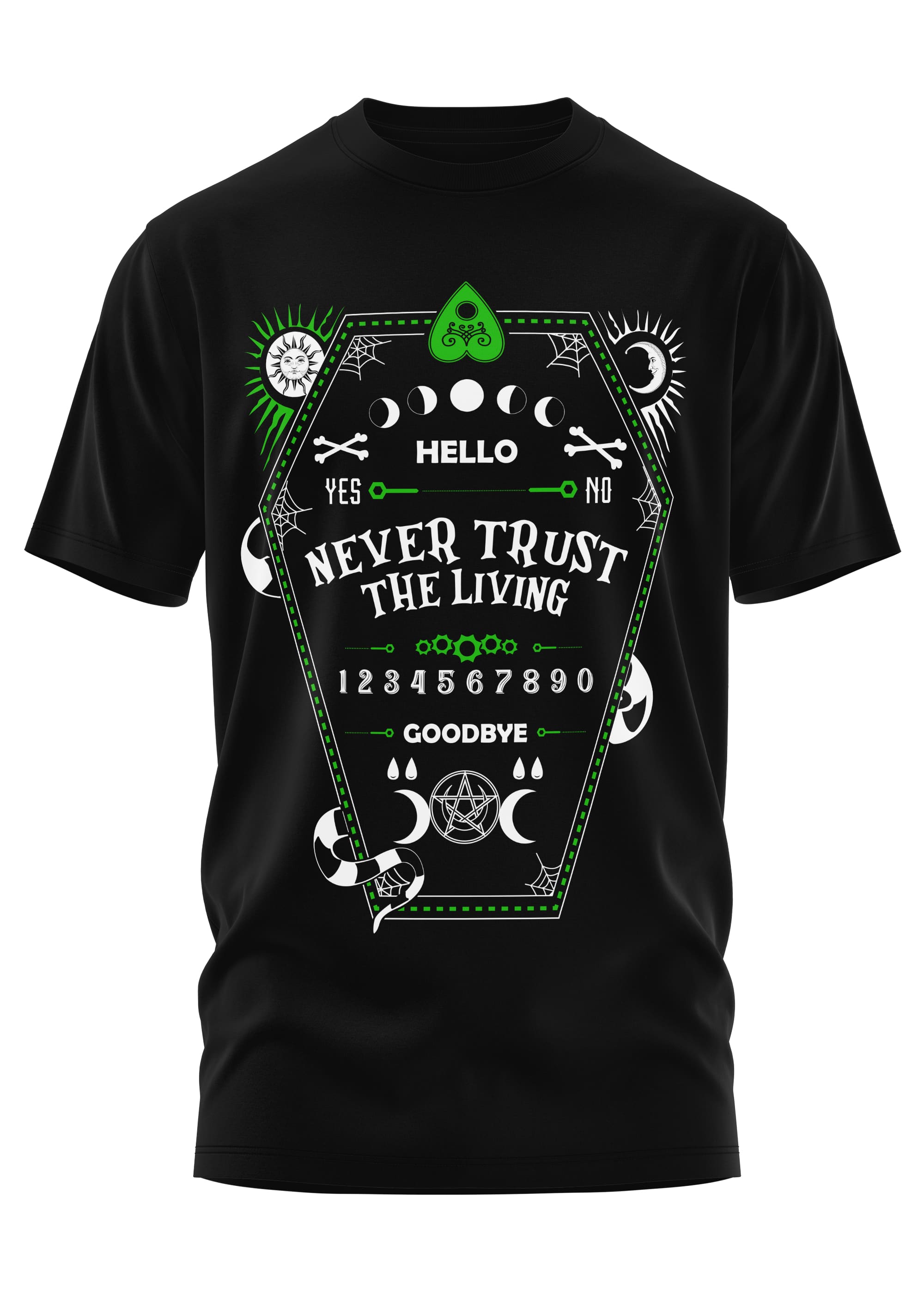 Schweres Unisex T-Shirt Never Trust the Living mit Ouija-Design