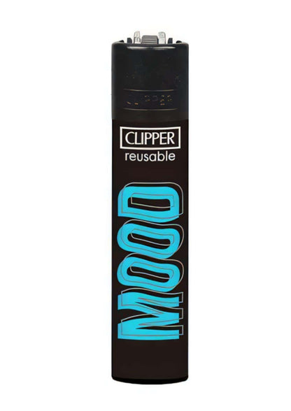 Schwarzes Clipper Feuerzeug mit wiederverwendbarem Design und auffälligem türkisem mood Schriftzug für gothic fashion