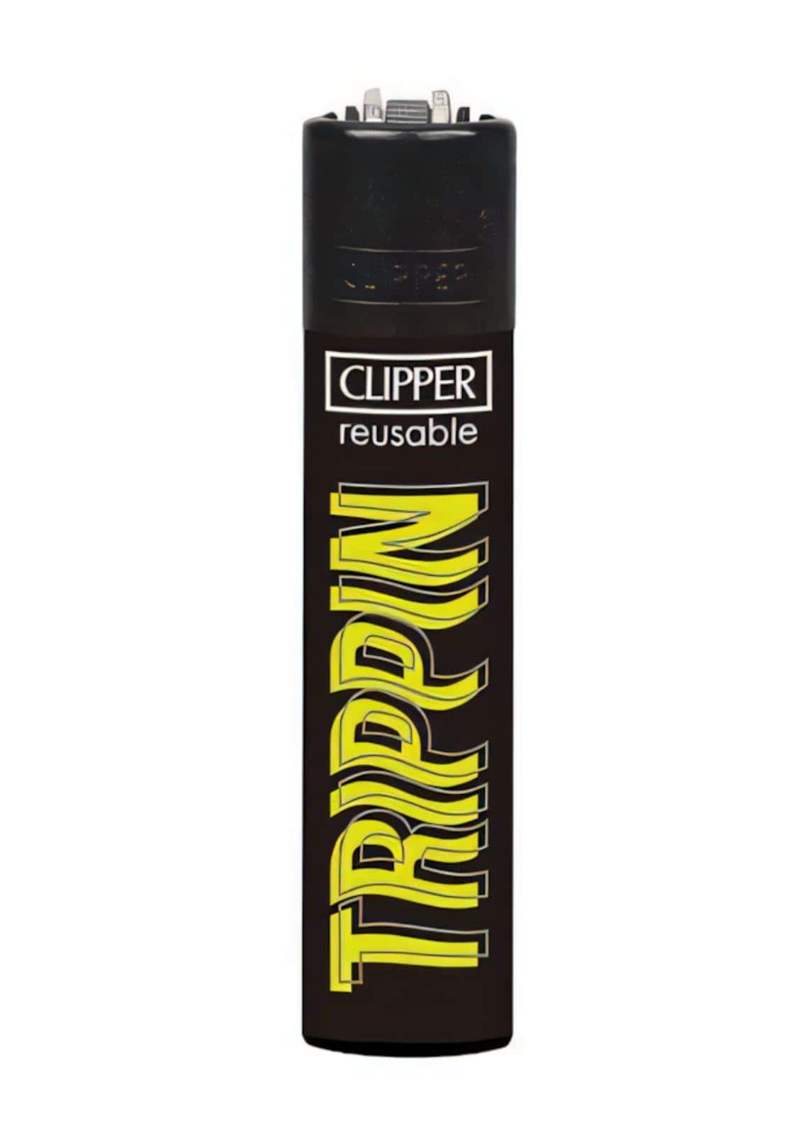Schwarzes clipper feuerzeug mit gelber trippin schrift im new impact set ideal für gothic kleidung und horror fans
