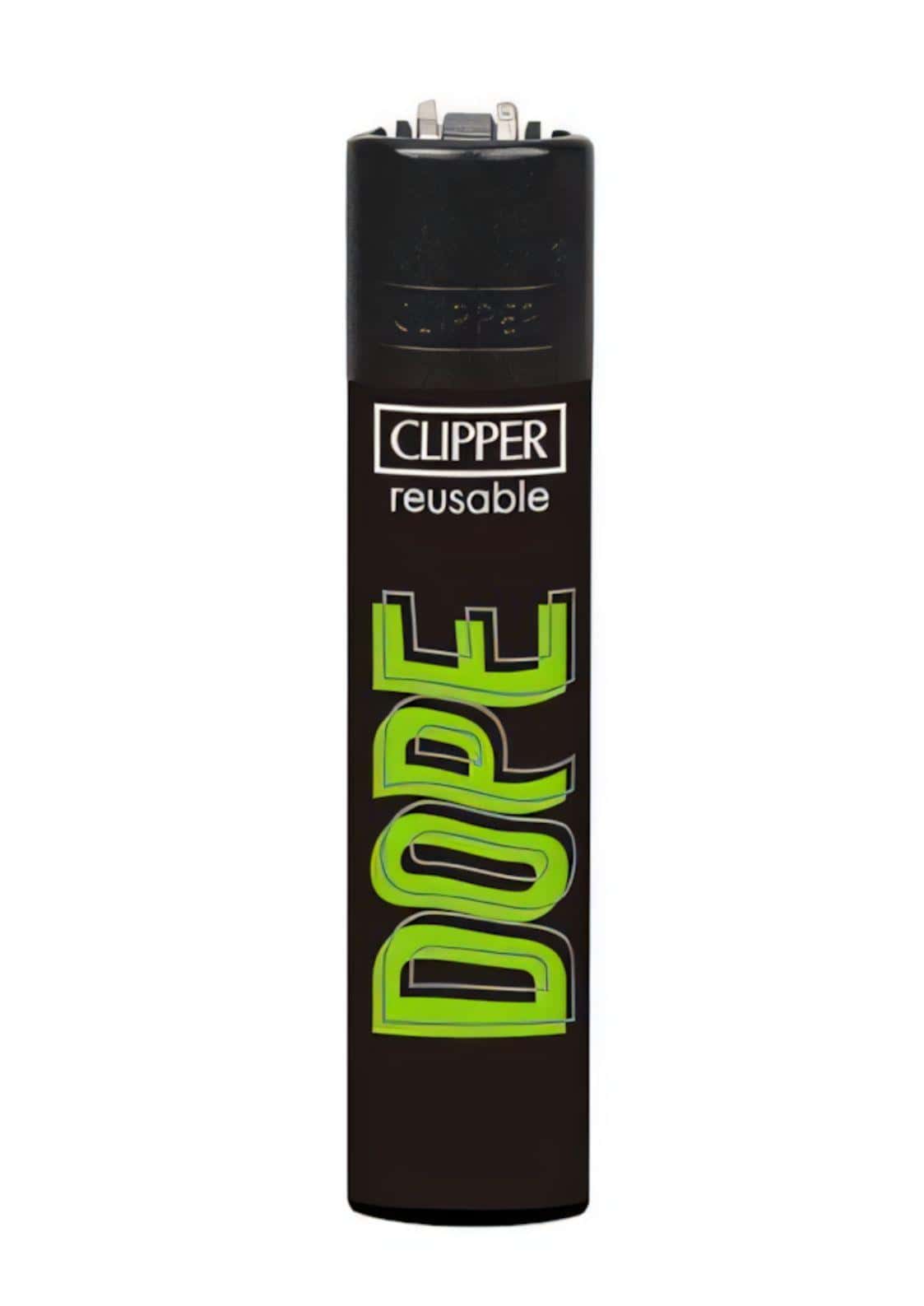 Schwarzes clipper wiederverwendbares feuerzeug mit neon grüner dope schrift für gothic kleidung und horror stil