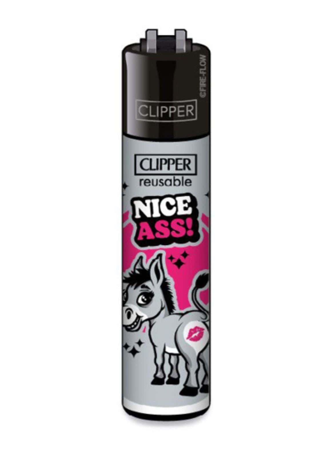 Nice ass clipper refillable lighter in black and silver featuring a cartoon donkey with pink starbursts
