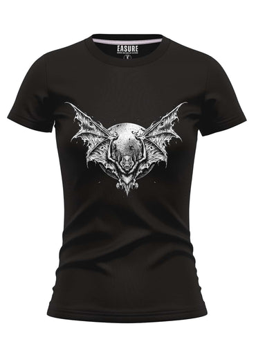 Schwarzes night stalker t-shirt für frauen mit strapazierfähigem stoff und weißem fledermaus-schädel grafik