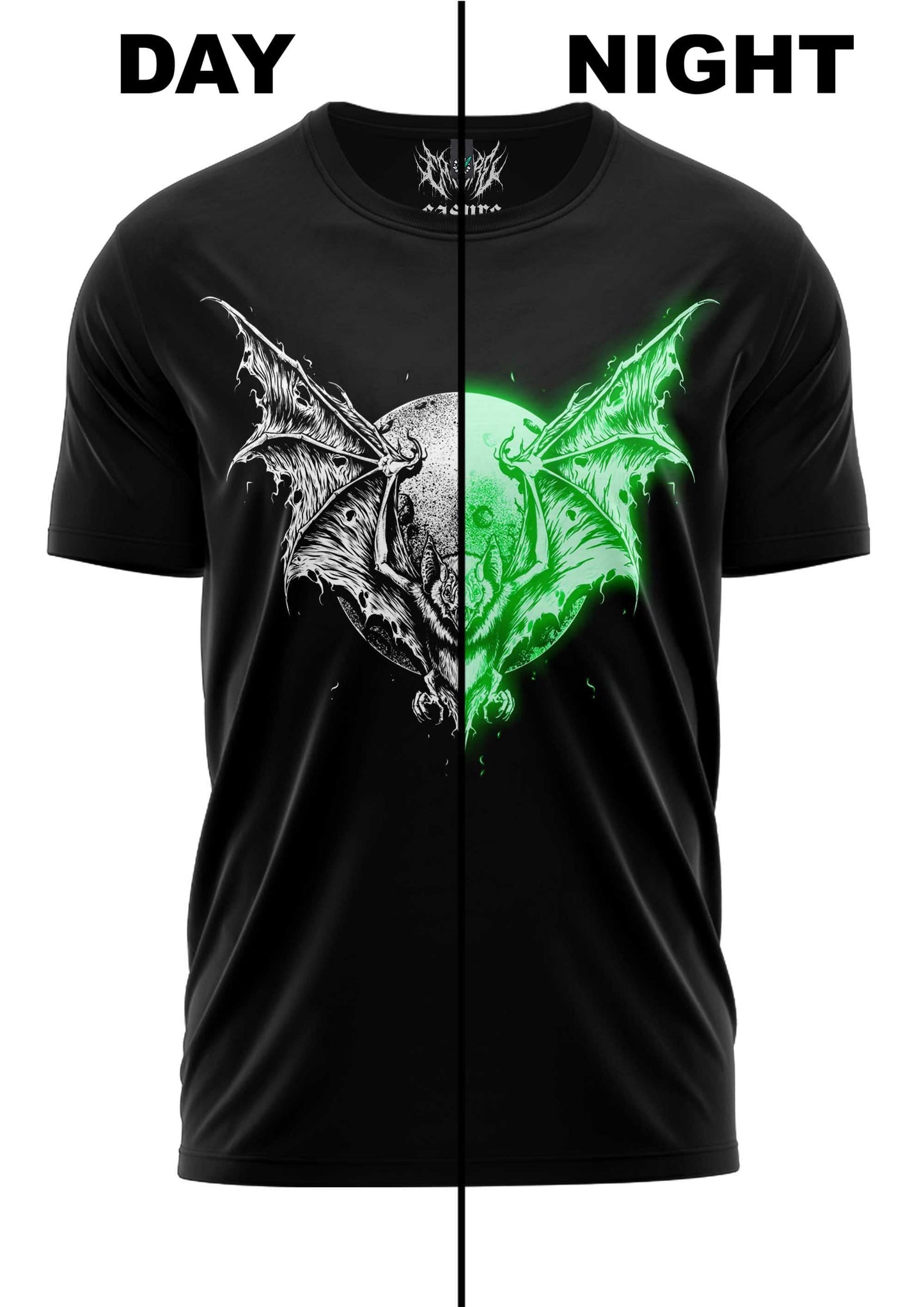 Schwarzes T-Shirt mit Fledermaus-Design, Leucht-im-Dunkeln-Funktion.