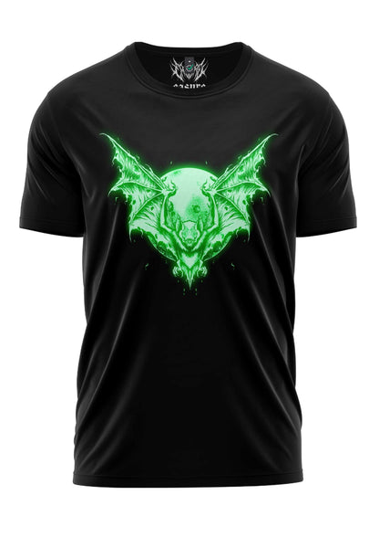 Schwarzes T-Shirt mit grün leuchtendem Fledermaus-Design, Totenkopfgesicht in der Mitte.