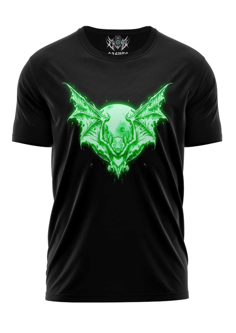 Schwarzes T-Shirt mit grün leuchtendem Fledermaus-Design, Totenkopfgesicht in der Mitte.