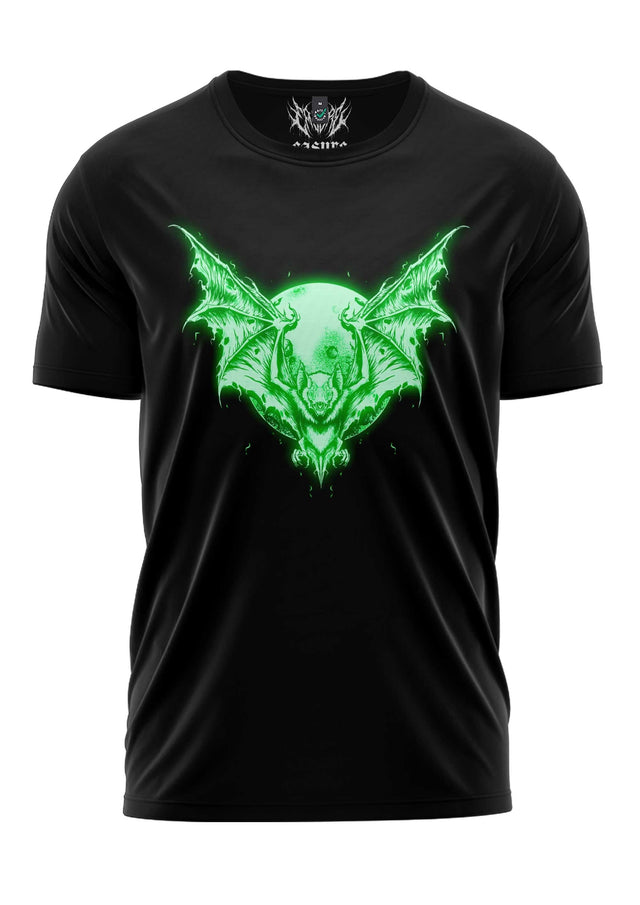 Schwarzes T-Shirt mit grün leuchtendem Fledermaus-Design, Totenkopfgesicht in der Mitte.