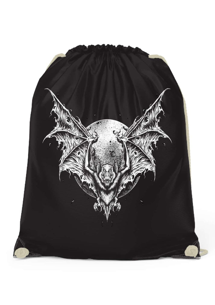 Schwarzer night stalker gym bag mit externe kordelhalterungen und weißer fledermausillustration vor mond orb