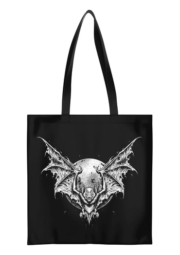 Schwarzer night stalker tote bag vegane bio-baumwollbeutel mit strapazierfähigem stoff und weißer fledermausillustration