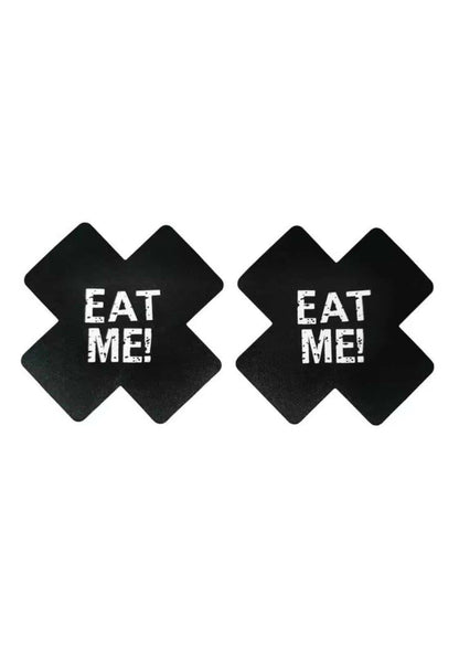 Nippel pasties eat me schwarz schwarze klebepads in x-form mit distress-schrift für gothic kleidung und horror styles
