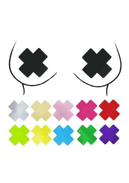 Black cross-shaped adhesive nippel pasties lick me schwarz displayed with colorful gothic dark fashion options