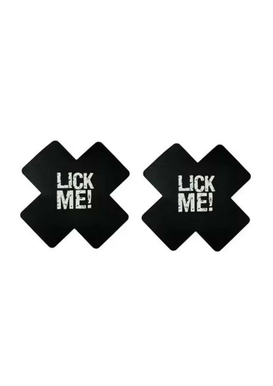 Schwarze nippel pasties mit x-förmigem lick me schriftzug, perfekt für gothic kleidung und horror looks