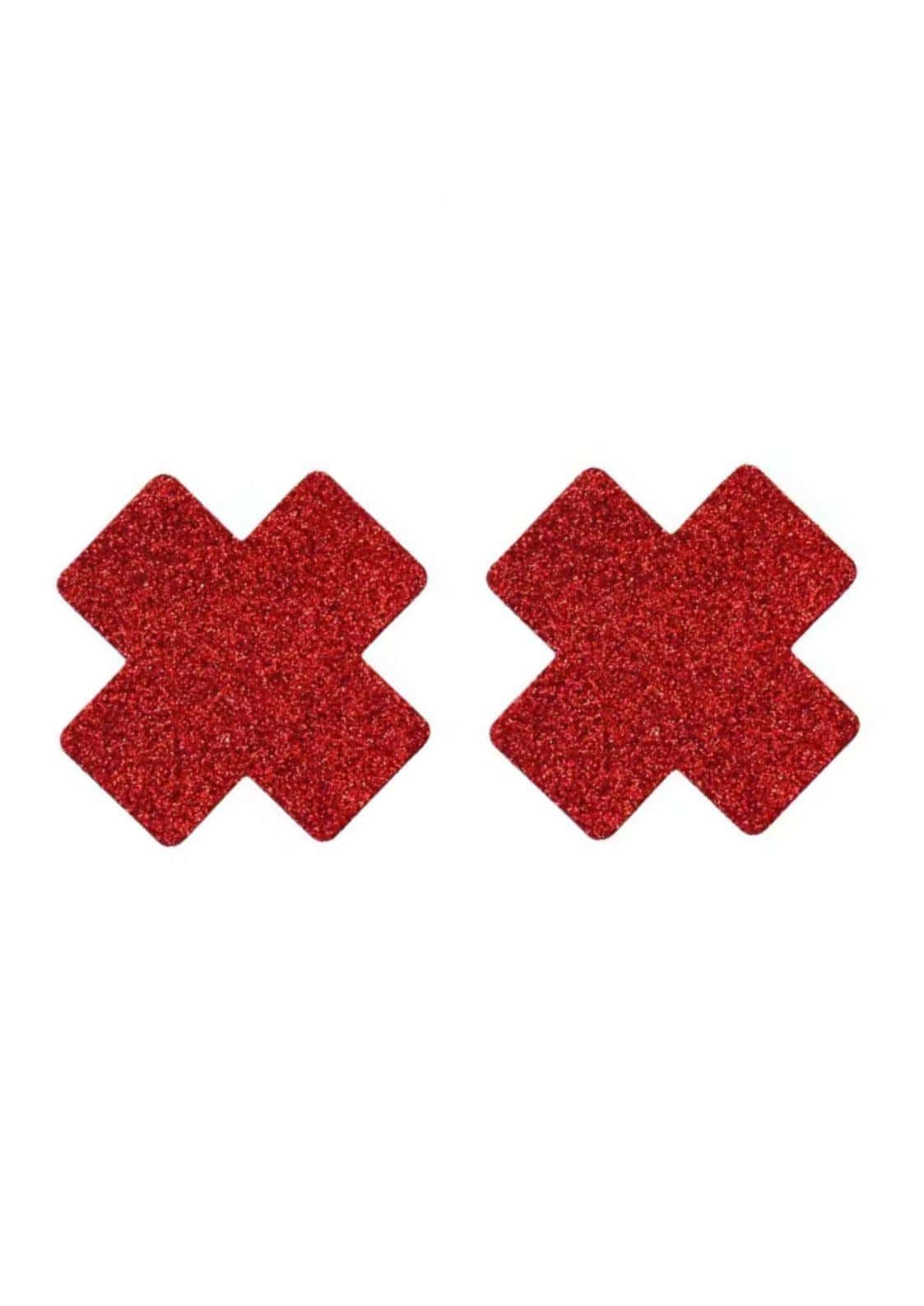 Rote glitzernde x-förmige nippel pasties aus klebrigem material passend zu gothic kleidung und horror styles