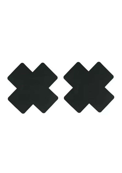Zwei schwarze matte nippel pasties schwarz aus klebematerial in x-form für diskrete abdeckung