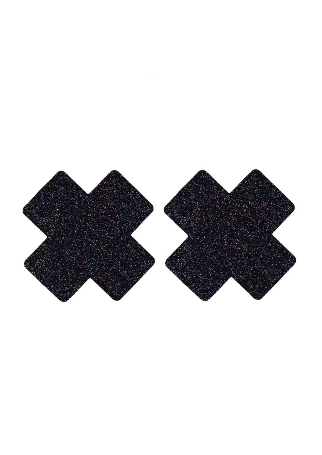 Schwarze glitzernde x-förmige nippel pasties ideal für gothic horror und dark fashion looks