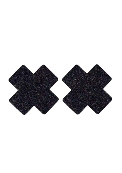 Schwarze glitzernde x-förmige nippel pasties ideal für gothic horror und dark fashion looks