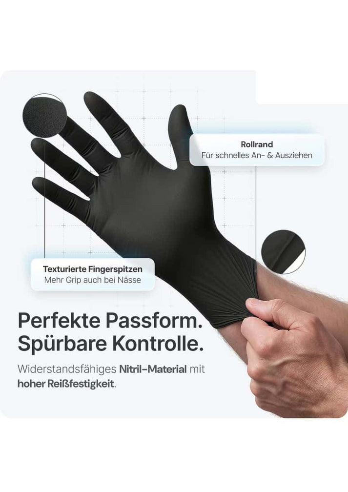 Schwarzer nitril handschuh mit strukturierten fingerspitzen und rollbündchen für einfache handhabung bei haarfarbe passt anleitungen