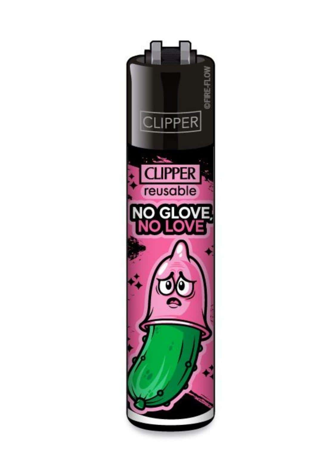 Pink und grünes clipper feuerzeug mit austauschbarem feuerstein und gurken-cartoon-design no glove no love