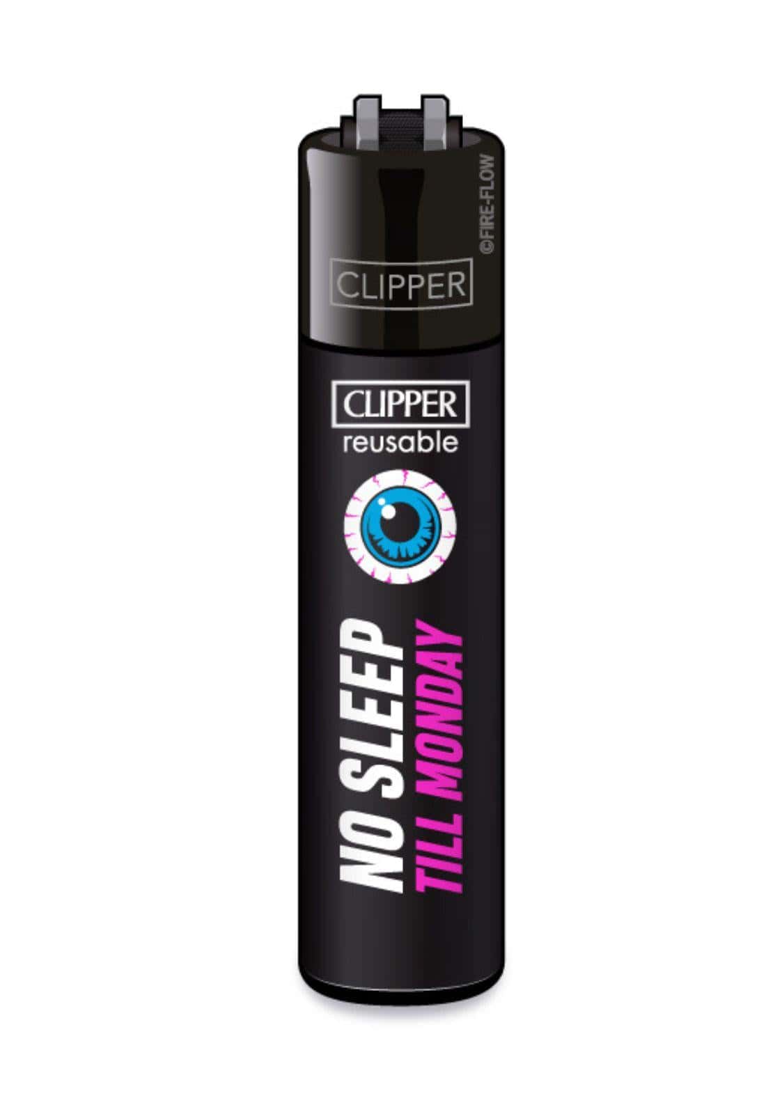 Schwarzes clipper feuerzeug refillbar mit blauem auge und no sleep till monday text in weiß und pink