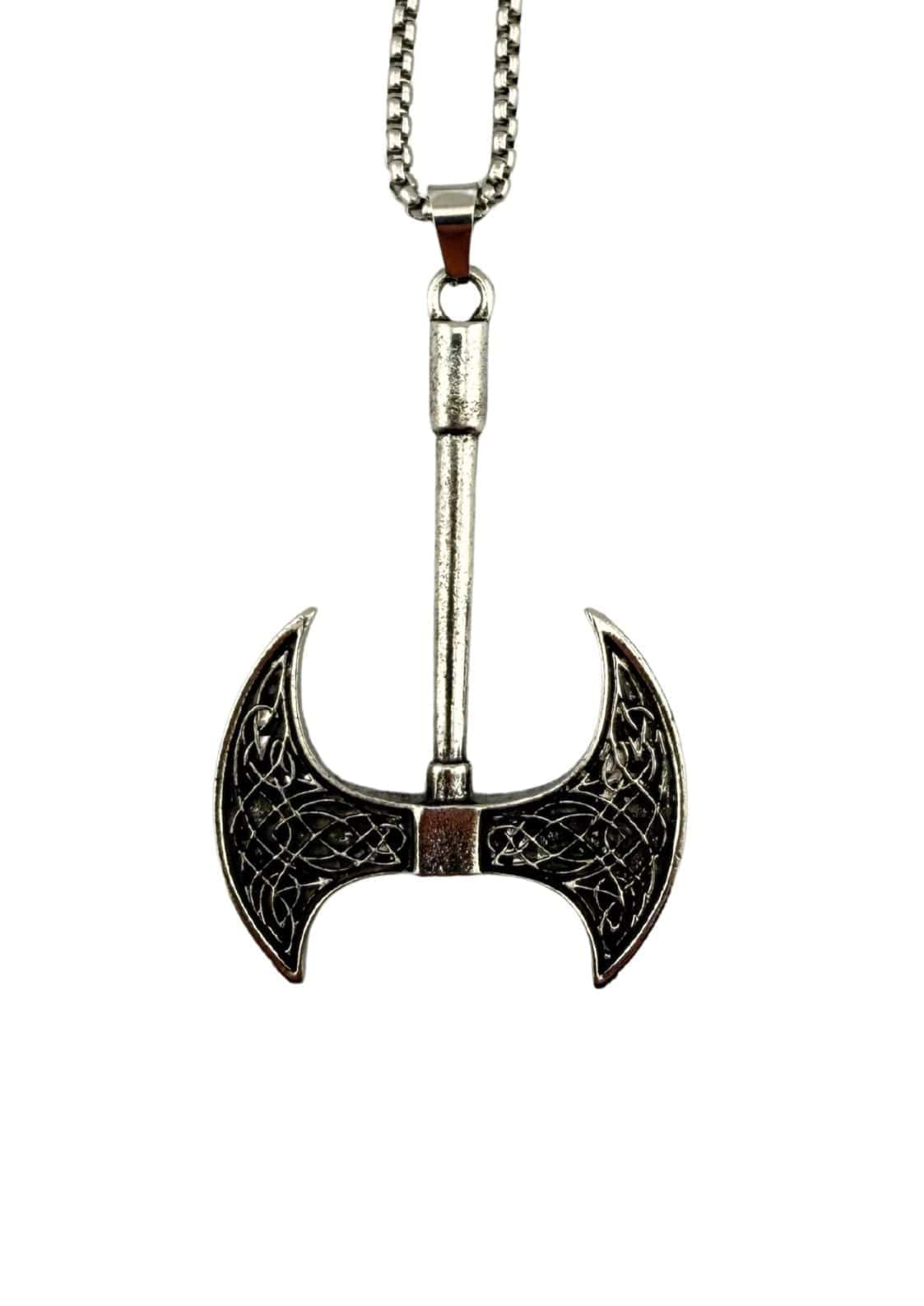 Silberfarbene nordic axe halskette mit doppelköpfiger axt und kunstvollem keltischem gothic knotenmuster